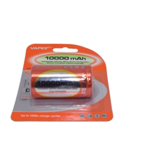 Packaging of Vapextech D Size 10000mAh NiMH Rechargeable Battery, featuring a red and green design with text '10000 mAh rechargeable batteries' and 'up to 1000x charge cycles,' ideal for high-drain devices like radios and torches.