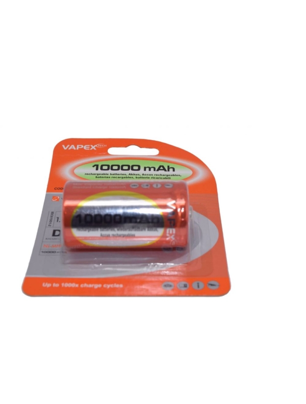 Packaging of Vapextech D Size 10000mAh NiMH Rechargeable Battery, featuring a red and green design with text '10000 mAh rechargeable batteries' and 'up to 1000x charge cycles,' ideal for high-drain devices like radios and torches.