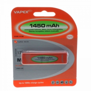 "Packaging of Vapextech NH-14WM Gumstick 1450mAh NiMH Rechargeable Battery, featuring a red and green design with text '1450 mAh rechargeable batteries' and 'up to 1000x charge cycles,' compatible with various devices like cameras and flashlights, code 91189.
