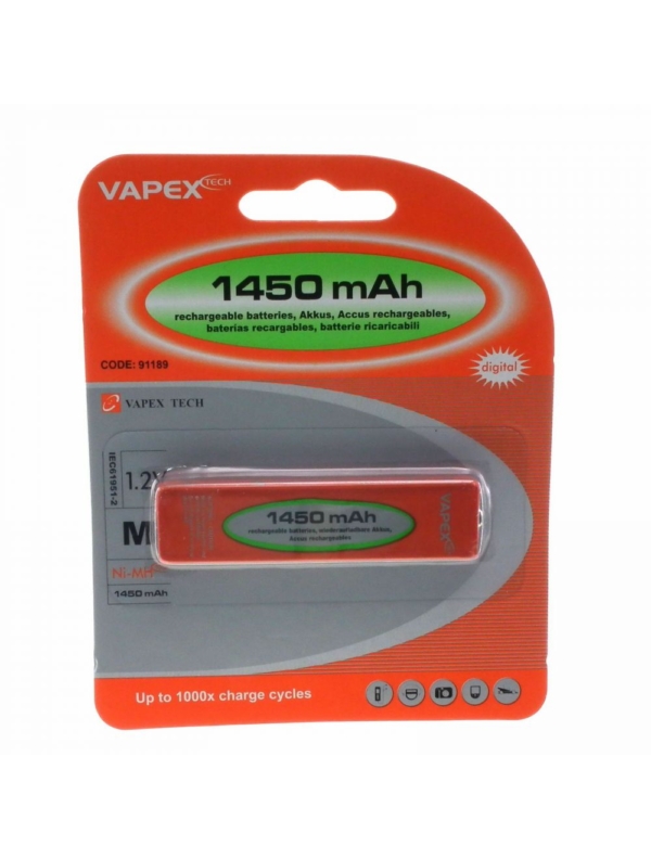 "Packaging of Vapextech NH-14WM Gumstick 1450mAh NiMH Rechargeable Battery, featuring a red and green design with text '1450 mAh rechargeable batteries' and 'up to 1000x charge cycles,' compatible with various devices like cameras and flashlights, code 91189.