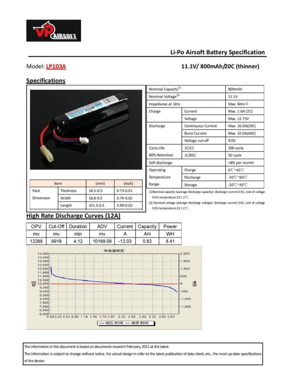 Vapextech Airsoft Battery 11.1V 800mAh 25C LiPo Stick Battery with Case (LP103A) - Image 2