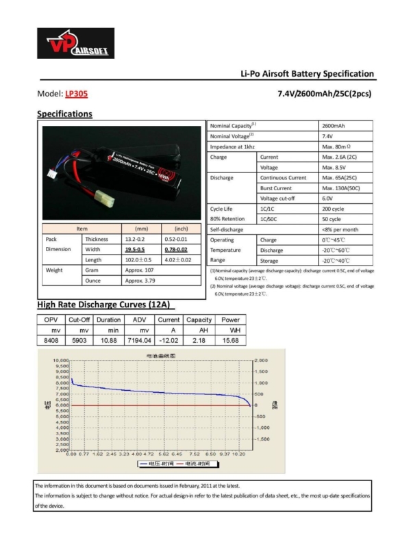 Vapextech Airsoft 7.4V 2600mAh 25C LiPo Stick Battery with Case (LP305) - Image 2