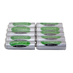 Pack of 10 Vapextech AA 600mAh LSD NiMH rechargeable batteries, silver AA batteries with green and white labeling, Instant brand batteries for solar lights, rechargeable batteries arranged in two rows, close-up of AA batteries with 600mAh capacity label.